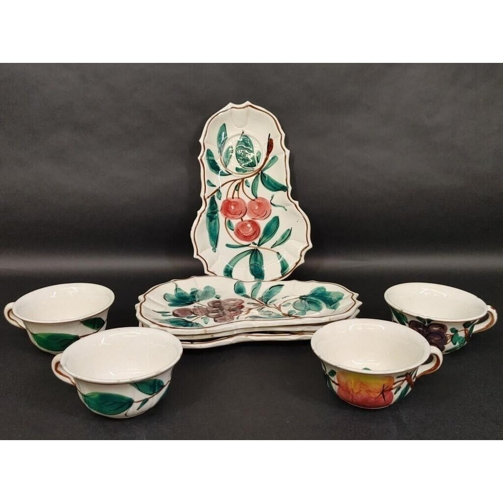 Vintage Italy Nove Rose Majolica Painted Snack Plates and Tea Cups Set of 8 USED
